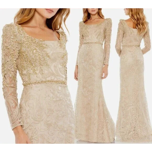 NWT‎ Mac Duggal Gold Trumpet Gown Formal 11187 Embroidered Sequin $698 - Picture 1 of 9